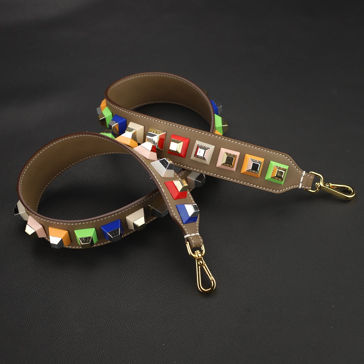 4cm width Pre-owned Multicolor Studded Leather shoulder Strap,Strap You Bag Strap,Crossbldy strap,Guitar strap for women bags