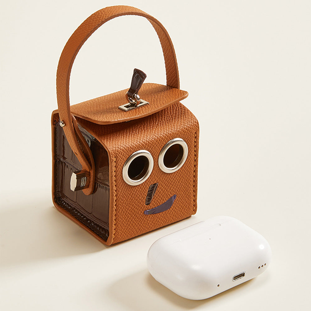 Handmade Robot Leather Keychain - Box Bag-Mini Fun Earphone Case Charm, Cute Leather Key Fob  Length:14cm