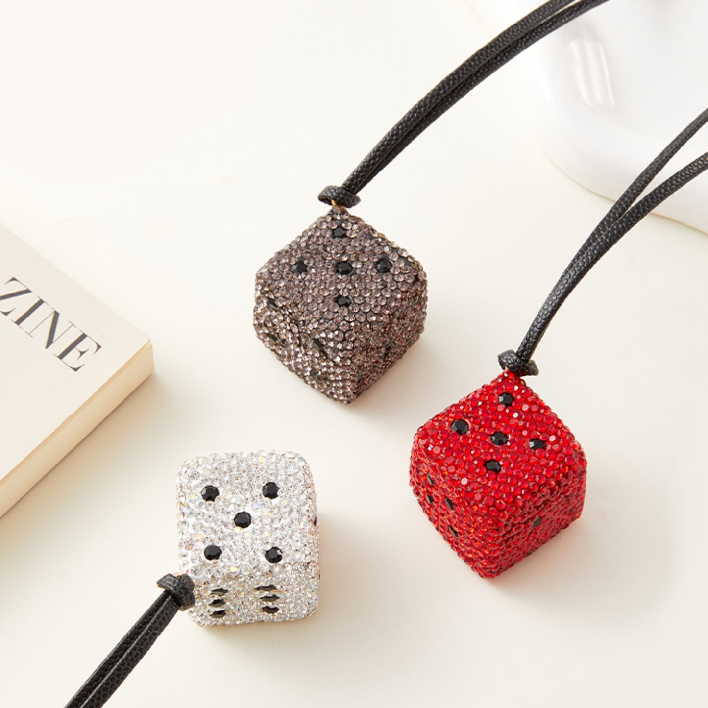 Handcrafted Diamond-Studded Dice Keychain – Square Bag Charm with Sparkling Details