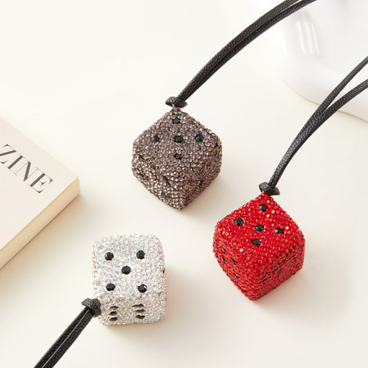 Handcrafted Diamond-Studded Dice Keychain – Square Bag Charm with Sparkling Details