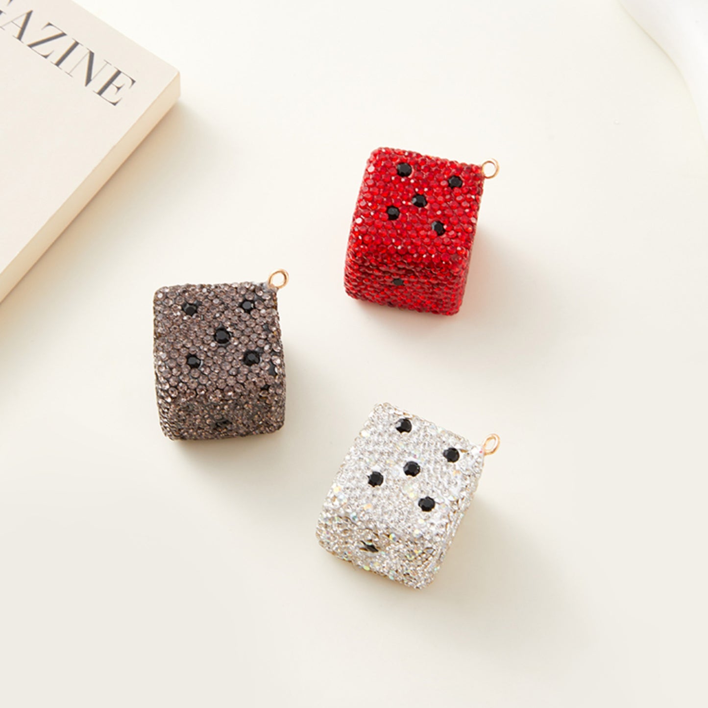 Handcrafted Diamond-Studded Dice Keychain – Square Bag Charm with Sparkling Details