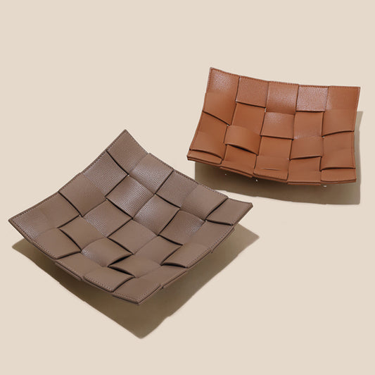 Handcrafted Luxury Genuine Leather Woven Jewelry & Key Storage Tray - Elegant Organizer for Entrance, Coffee Table, and Miscellaneous Items