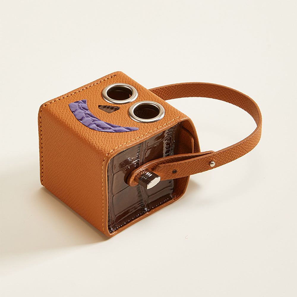 Handmade Robot Leather Keychain - Box Bag-Mini Fun Earphone Case Charm, Cute Leather Key Fob  Length:14cm