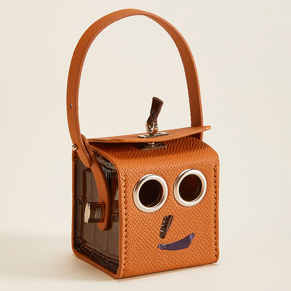 Handmade Robot Leather Keychain - Box Bag-Mini Fun Earphone Case Charm, Cute Leather Key Fob  Length:14cm