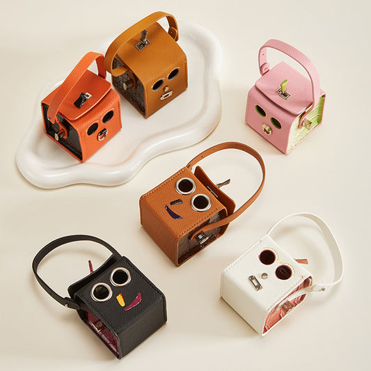 Handmade Robot Leather Keychain - Box Bag-Mini Fun Earphone Case Charm, Cute Leather Key Fob  Length:14cm