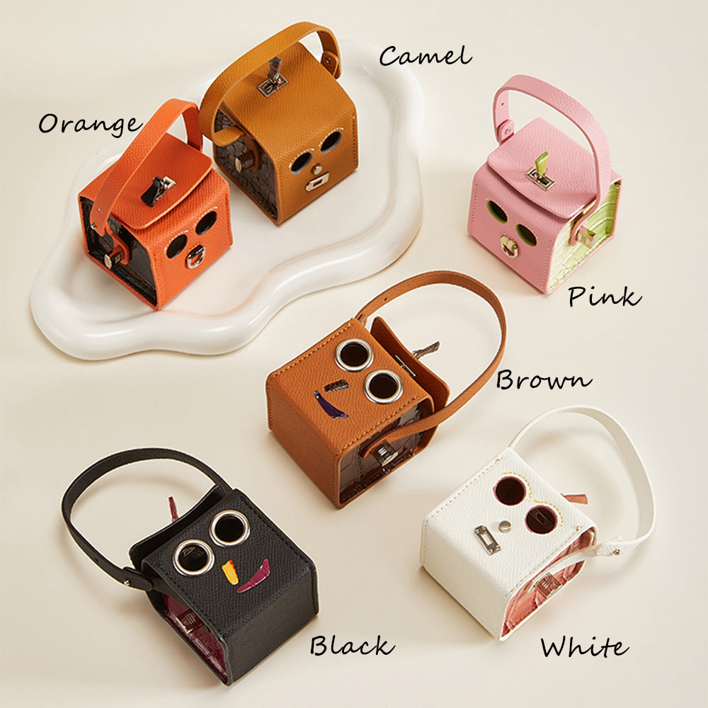 Handmade Robot Leather Keychain - Box Bag-Mini Fun Earphone Case Charm, Cute Leather Key Fob  Length:14cm