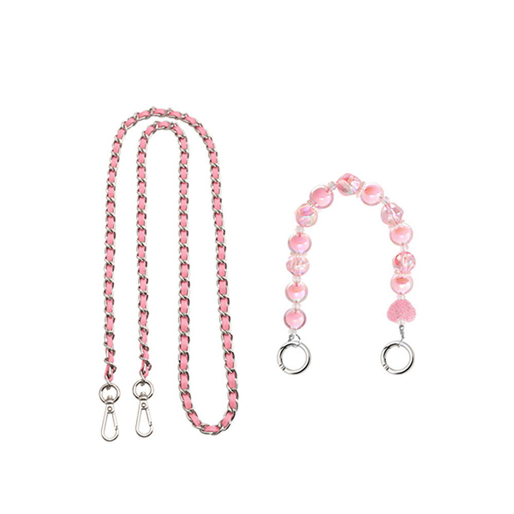 Handcrafted Pink Leather Chain Strap & 33cm Heart Candy Bead Decoration Chain - 1.6cm Beads, DIY Small Bucket Bag Transformation Kit