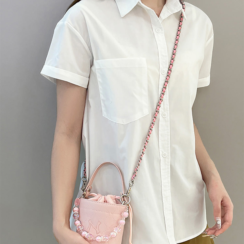 Handcrafted Pink Leather Chain Strap & 33cm Heart Candy Bead Decoration Chain - 1.6cm Beads, DIY Small Bucket Bag Transformation Kit