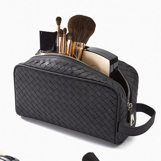 2025 New Arrival Black Woven Leather Makeup Bag - Large Capacity, Premium Cosmetic & Brush Organizer, Portable & Luxurious for Men & Women