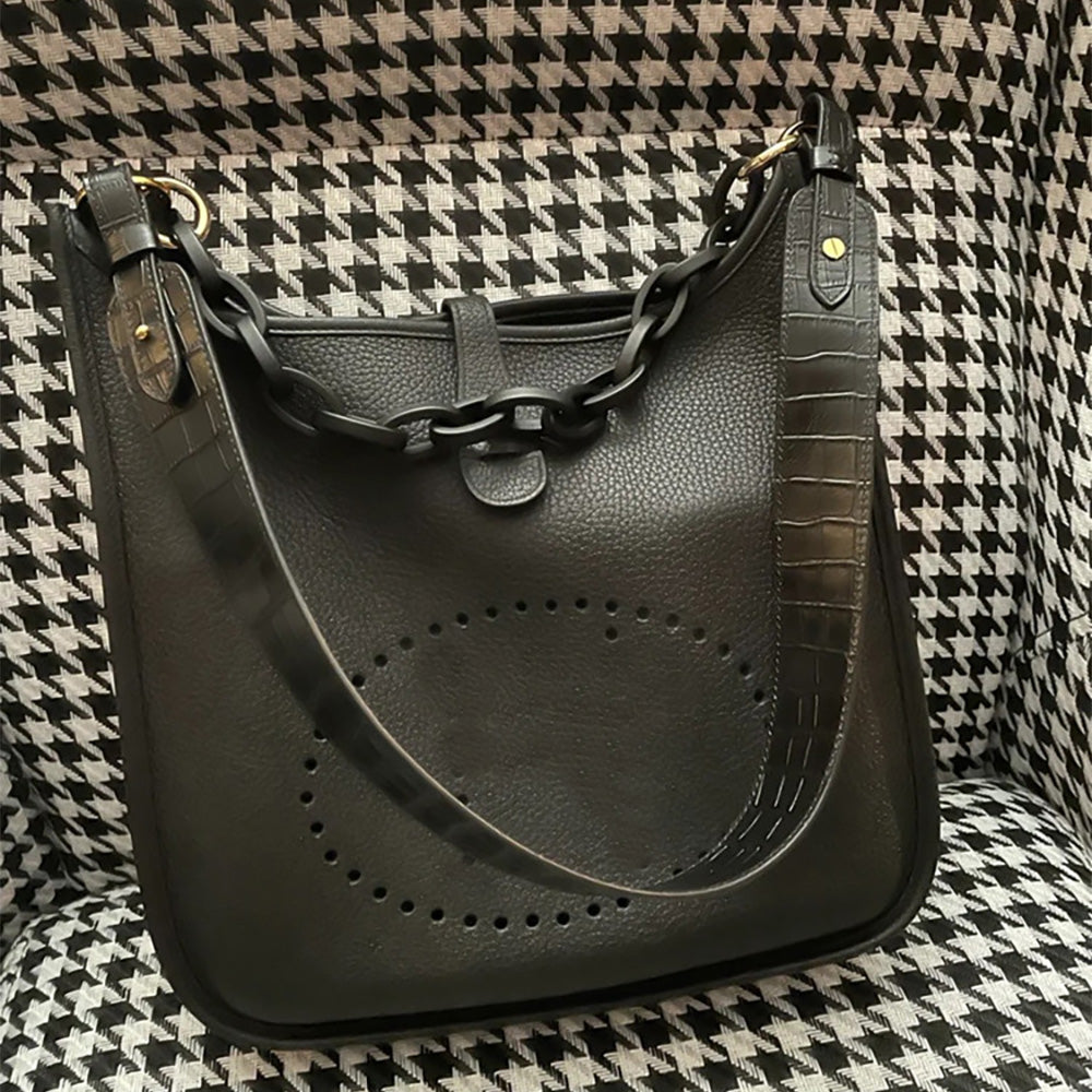 Black Crocodile Pattern Leather Shoulder Strap - Replacement Strap for Kelly & Evelyne Bags