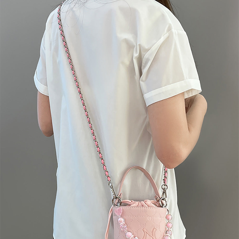 Handcrafted Pink Leather Chain Strap & 33cm Heart Candy Bead Decoration Chain - 1.6cm Beads, DIY Small Bucket Bag Transformation Kit