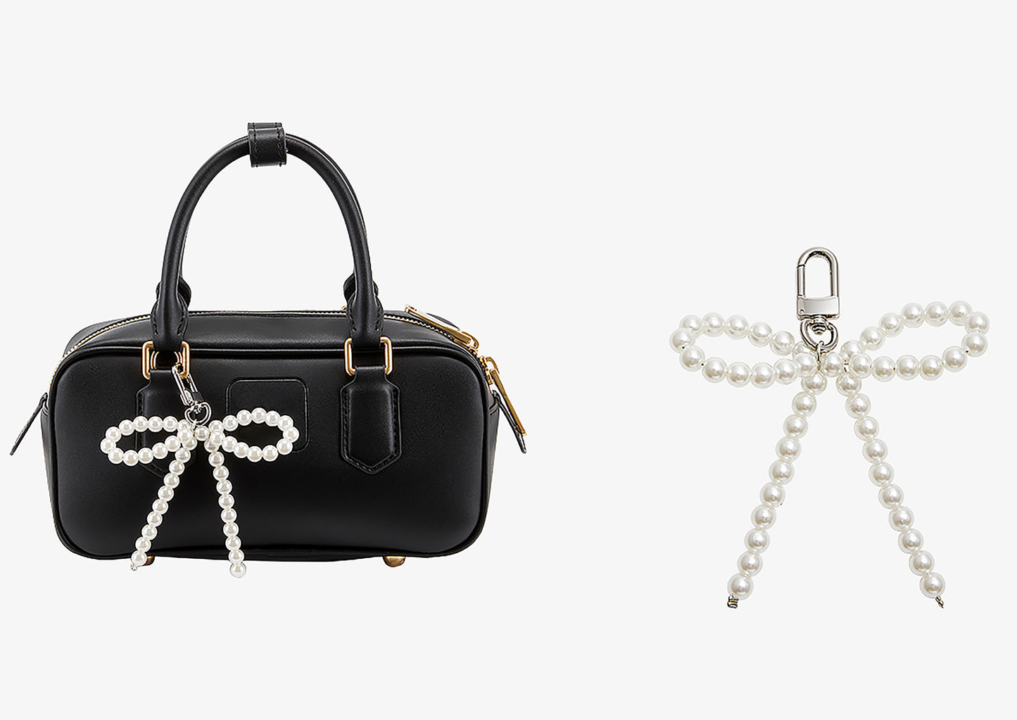 Arcadie matelassé nappa leather bag charm, pearl decorative accessory, bow-shaped keychain.