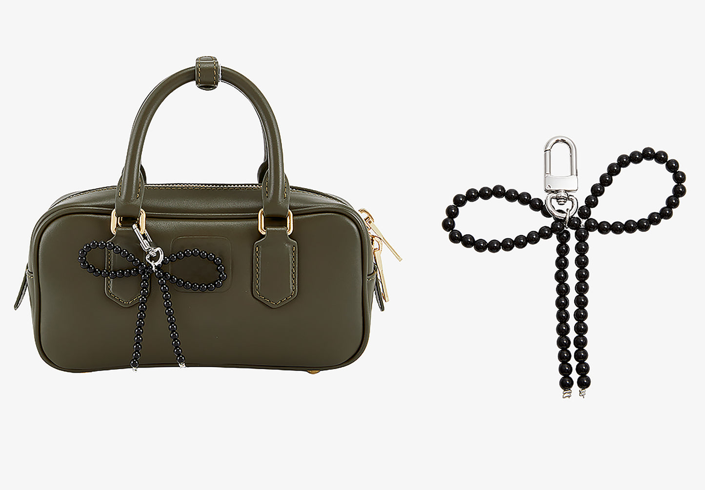 Arcadie matelassé nappa leather bag charm, pearl decorative accessory, bow-shaped keychain.