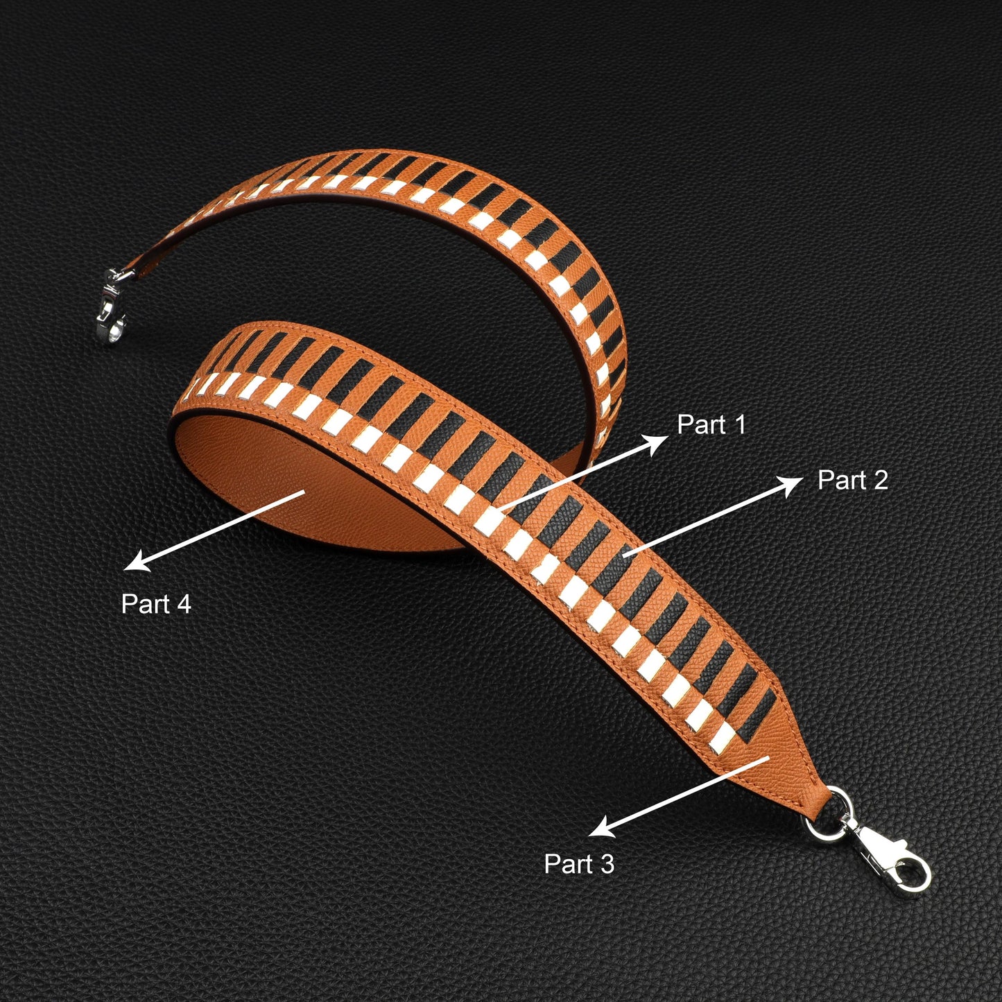 Shoulder strap model Leather braiding 40 mm in Epsom gold leather, ecru and black, golden metal carabiners,Tressage Bag Strap