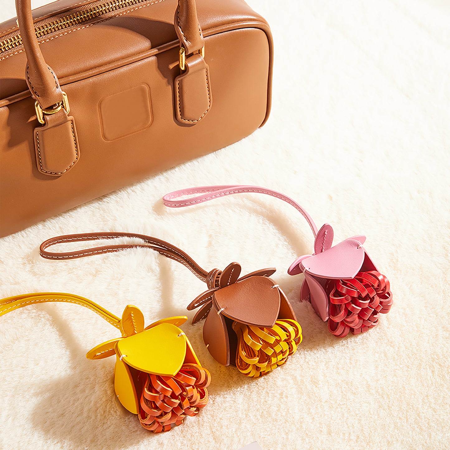 Arcadie leather handbag charm, flower style genuine leather accessory, high-end leather floral charm