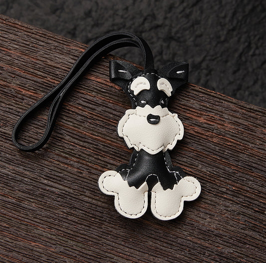 Handmade genuine leather Schnauzer bag pendant, cute animal Christmas couple gift, dog charm ornament