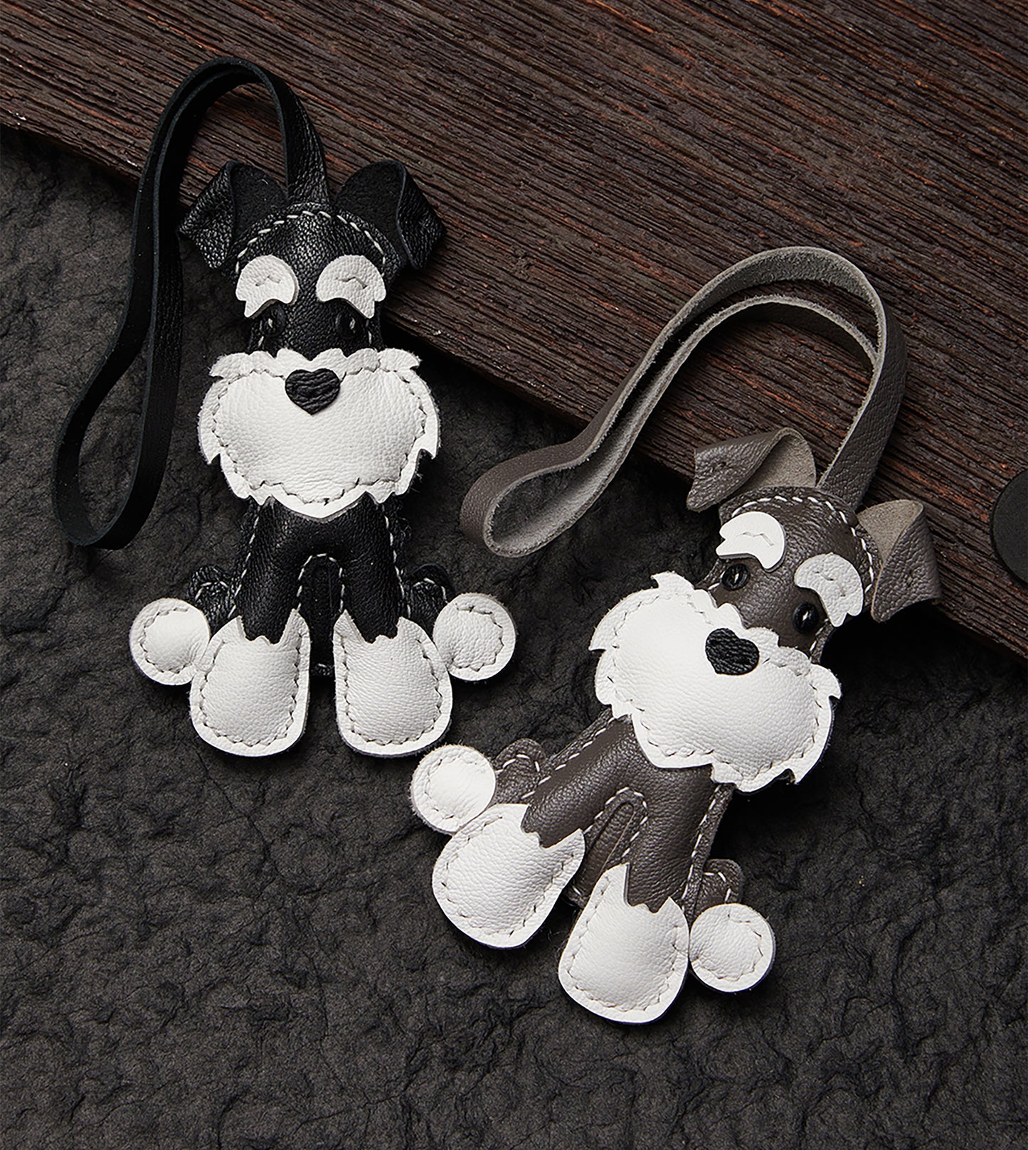 Handmade genuine leather Schnauzer bag pendant, cute animal Christmas couple gift, dog charm ornament