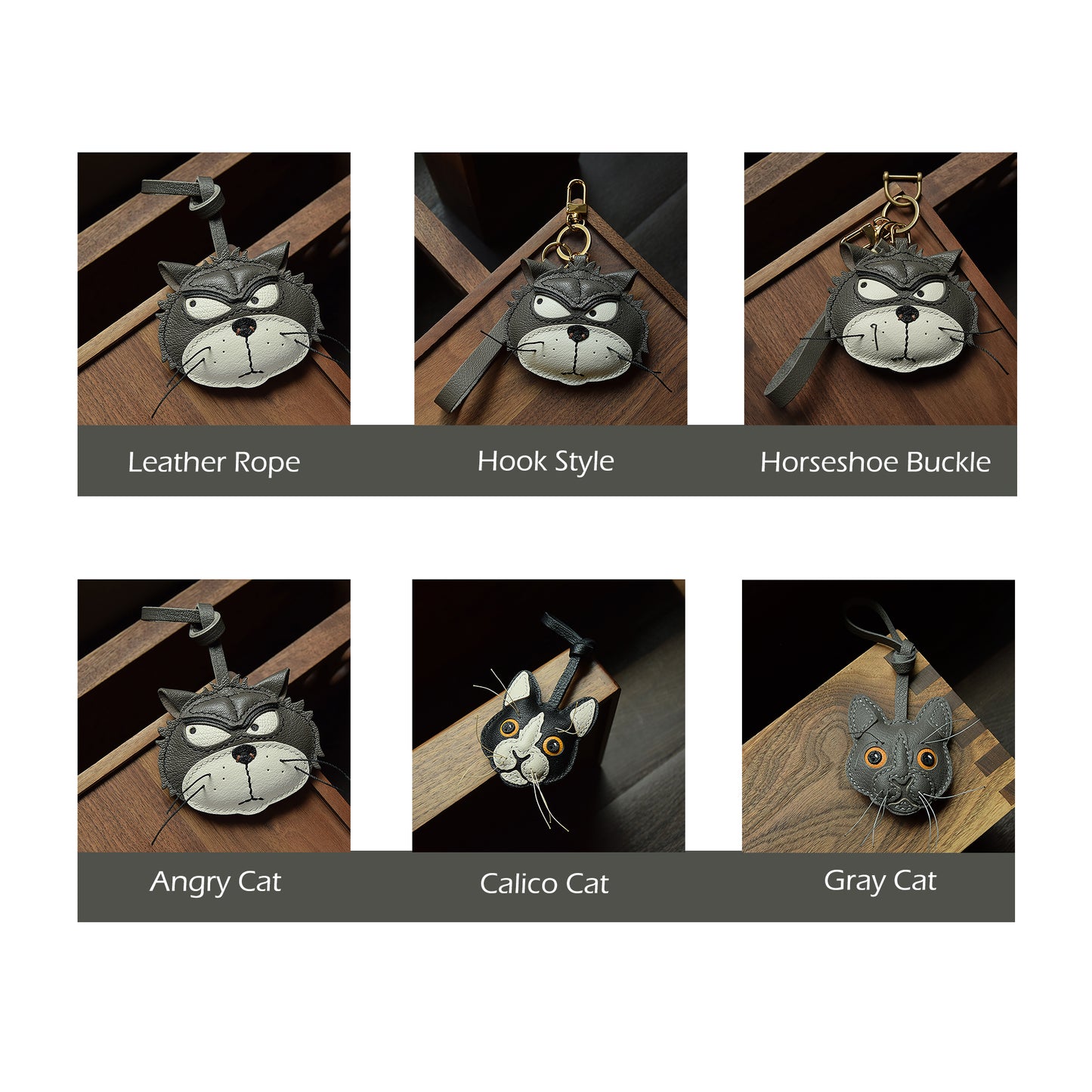 Handmade Genuine Leather Car Keychain; Bag Charm - Angry Cat Design, Unique Style