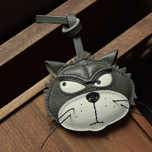 Handmade Genuine Leather Car Keychain; Bag Charm - Angry Cat Design, Unique Style