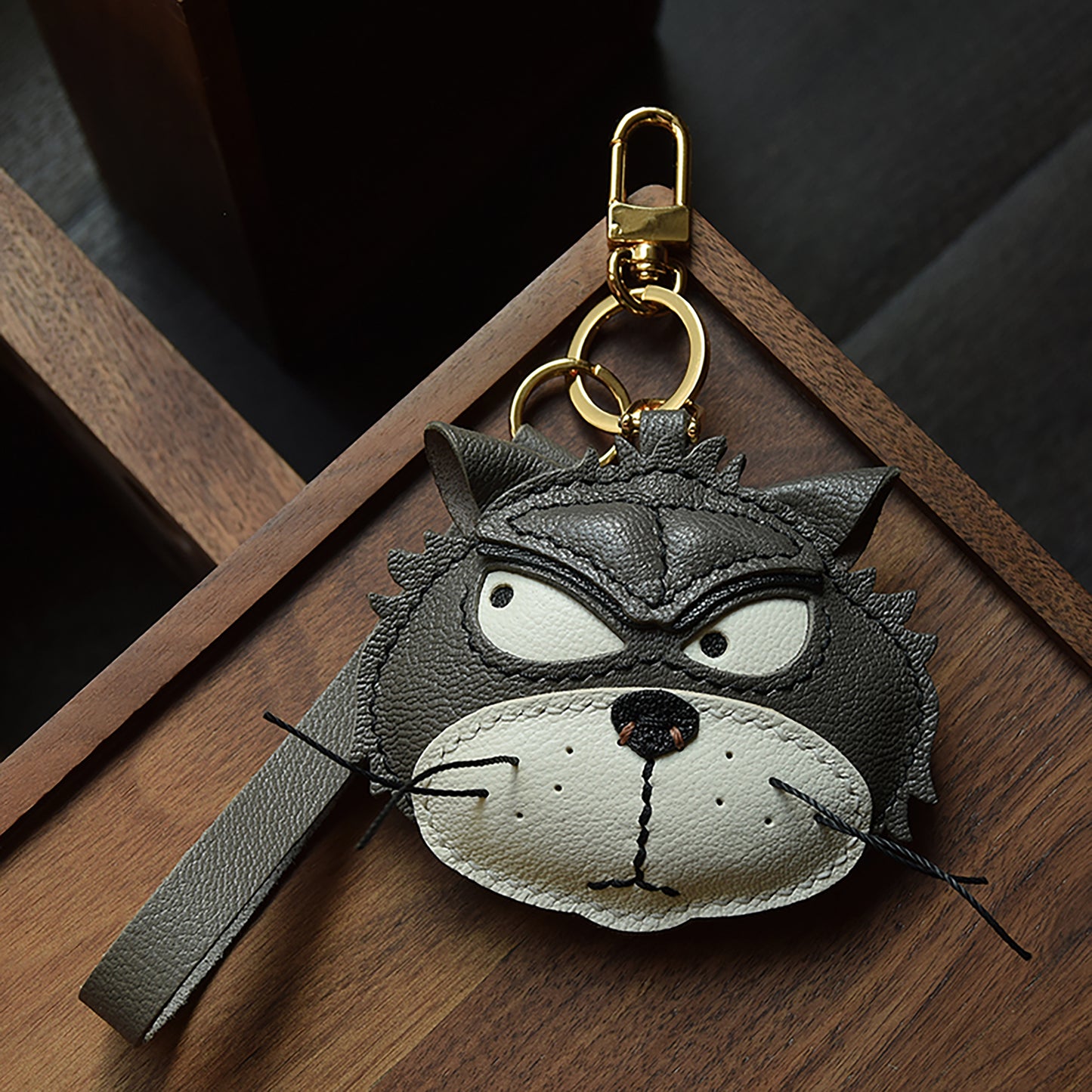 Handmade Genuine Leather Car Keychain; Bag Charm - Angry Cat Design, Unique Style