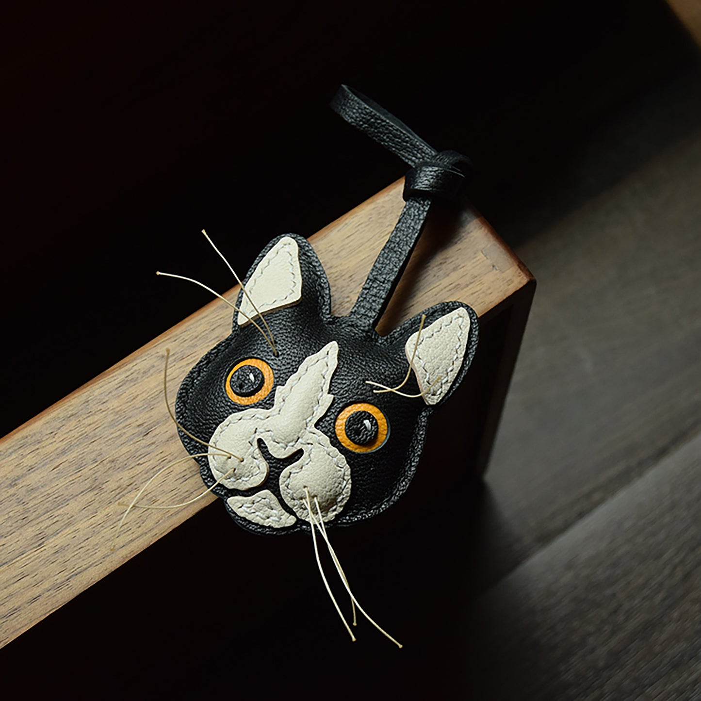 Handmade Genuine Leather Car Keychain; Bag Charm - Angry Cat Design, Unique Style