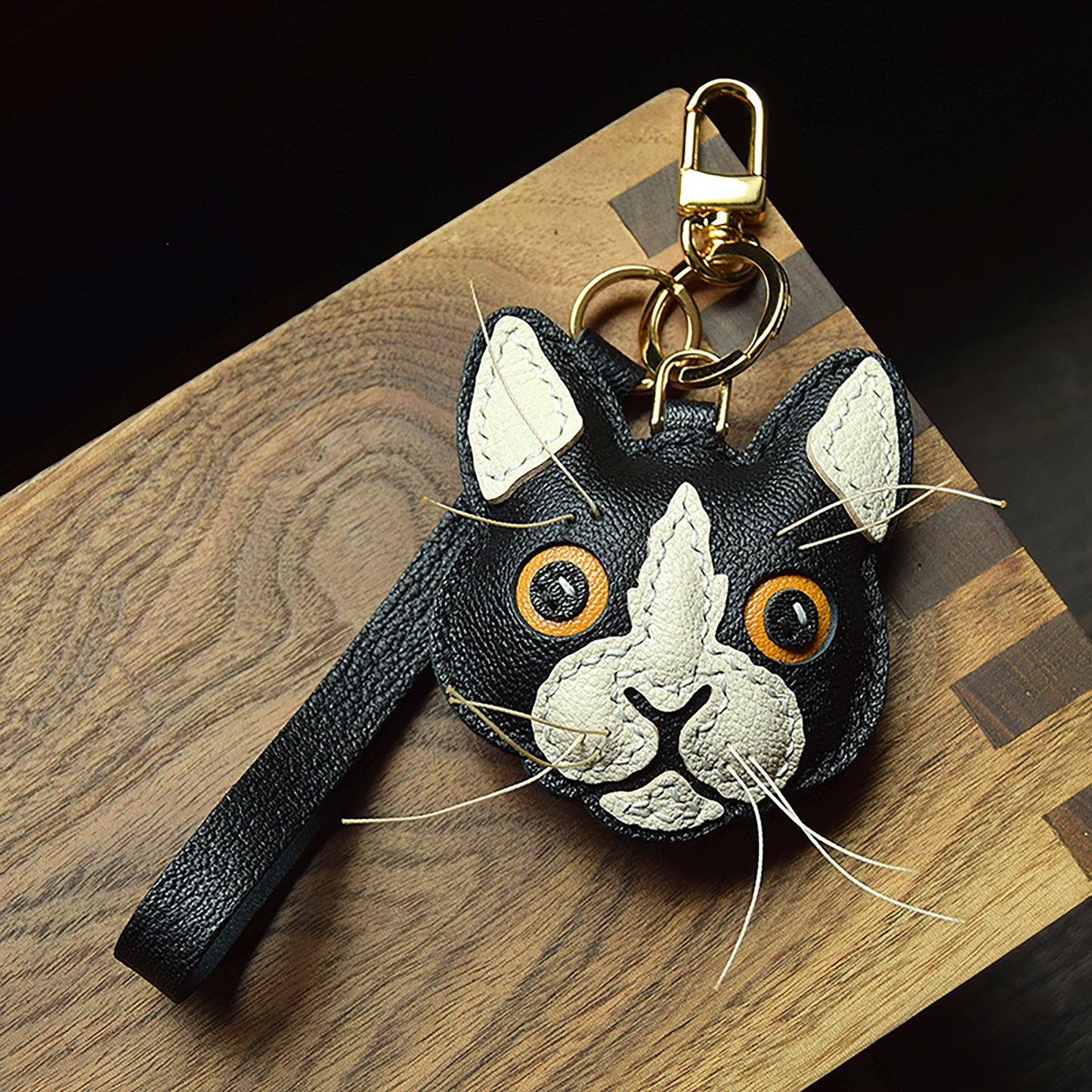 Handmade Genuine Leather Car Keychain; Bag Charm - Angry Cat Design, Unique Style