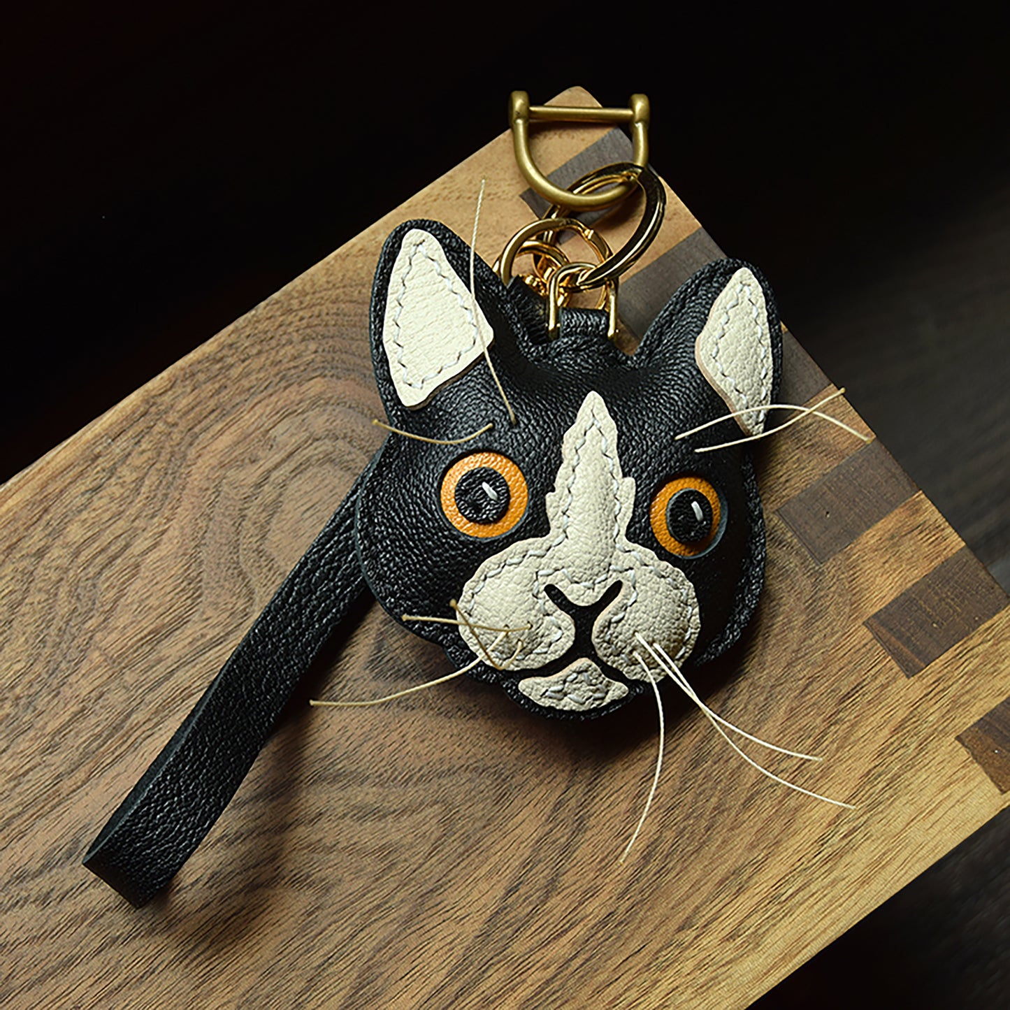 Handmade Genuine Leather Car Keychain; Bag Charm - Angry Cat Design, Unique Style