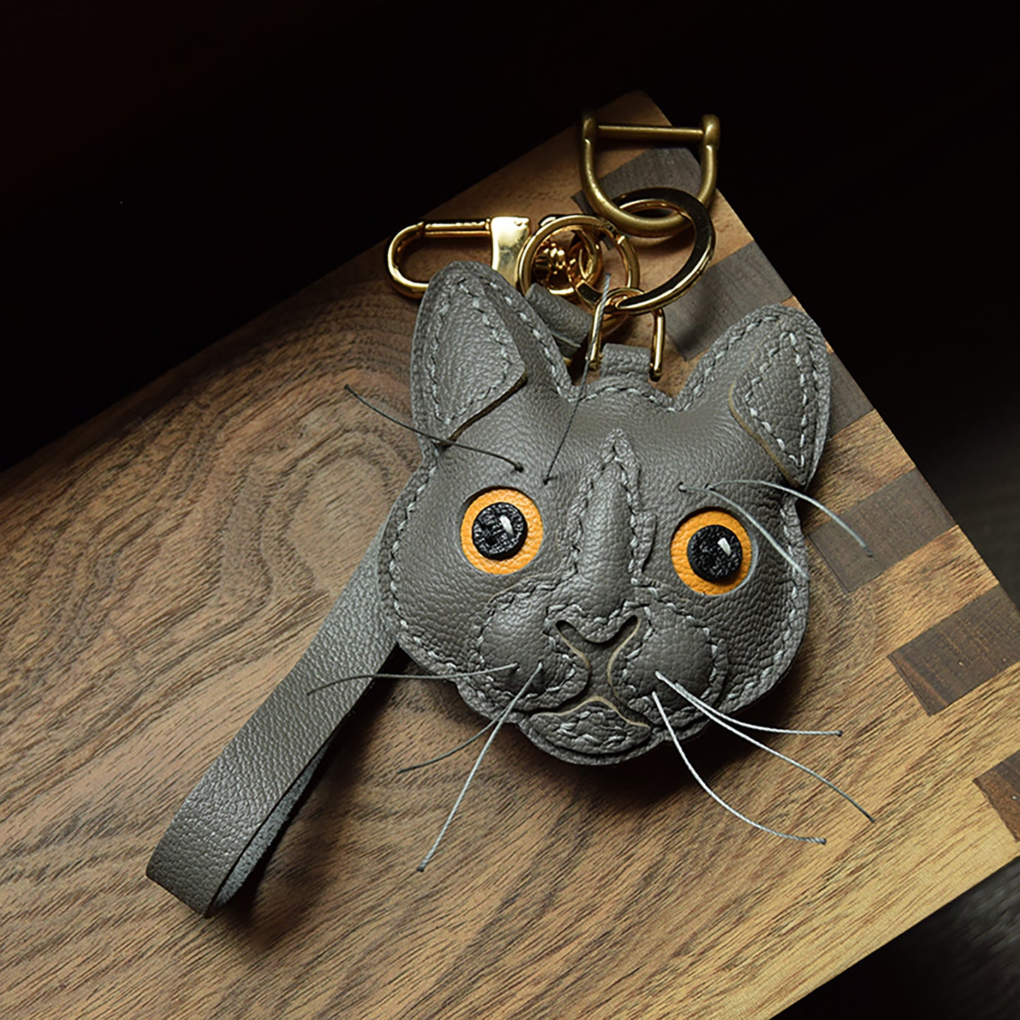 Handmade Genuine Leather Car Keychain; Bag Charm - Angry Cat Design, Unique Style