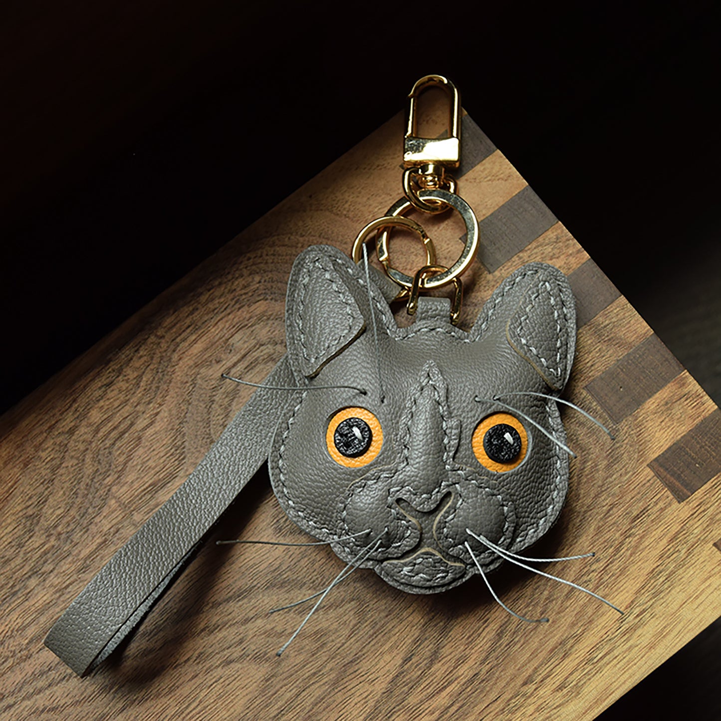 Handmade Genuine Leather Car Keychain; Bag Charm - Angry Cat Design, Unique Style