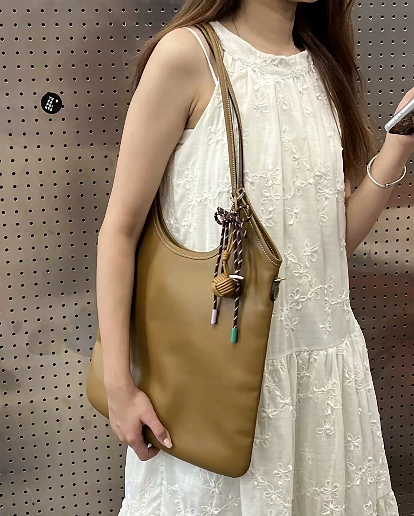 IVY Leather Handbag Charm, Genuine Leather Tennis Ball Style Keychain, Beige Gift Bag Accessory