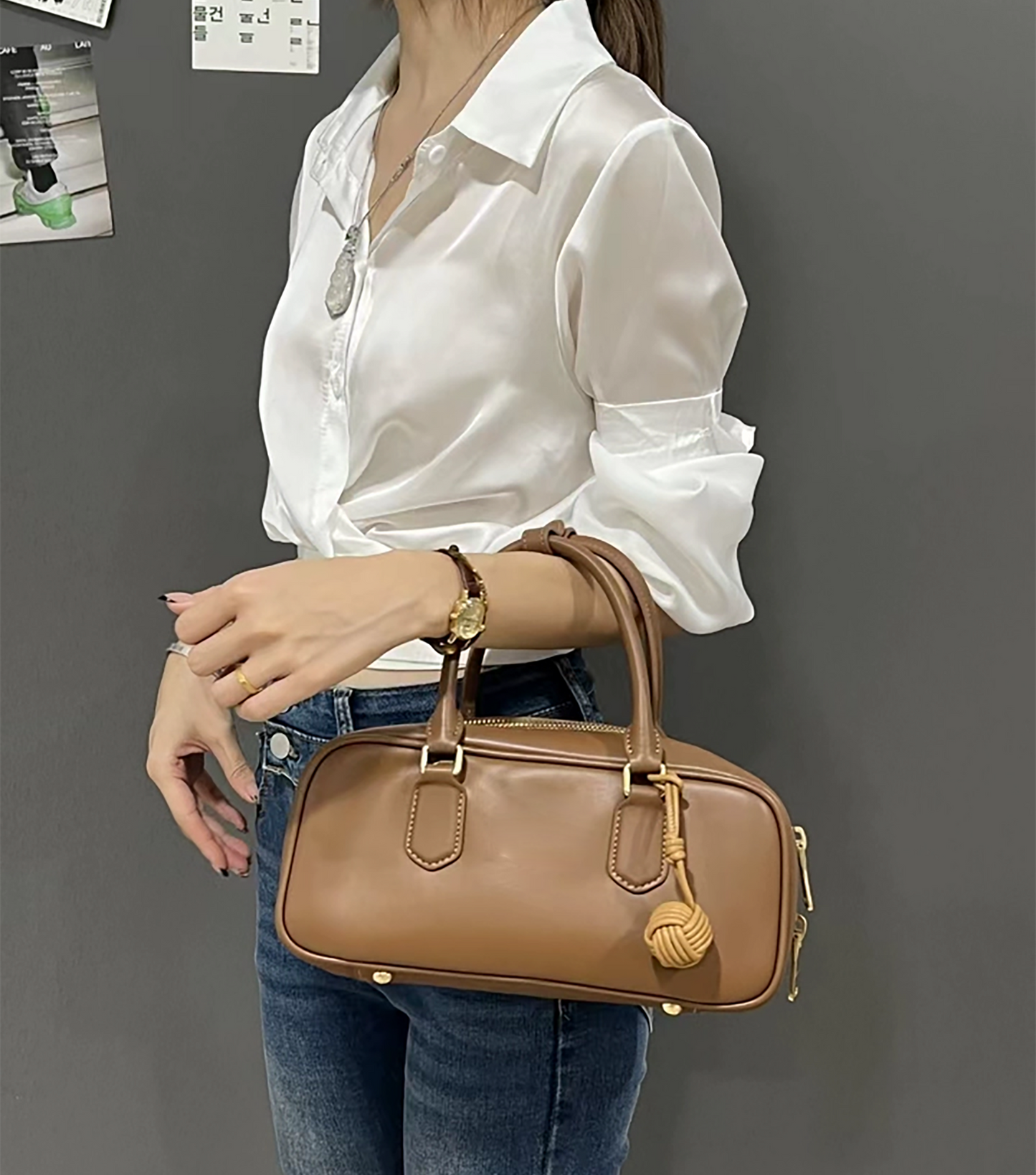 IVY Leather Handbag Charm, Genuine Leather Tennis Ball Style Keychain, Beige Gift Bag Accessory