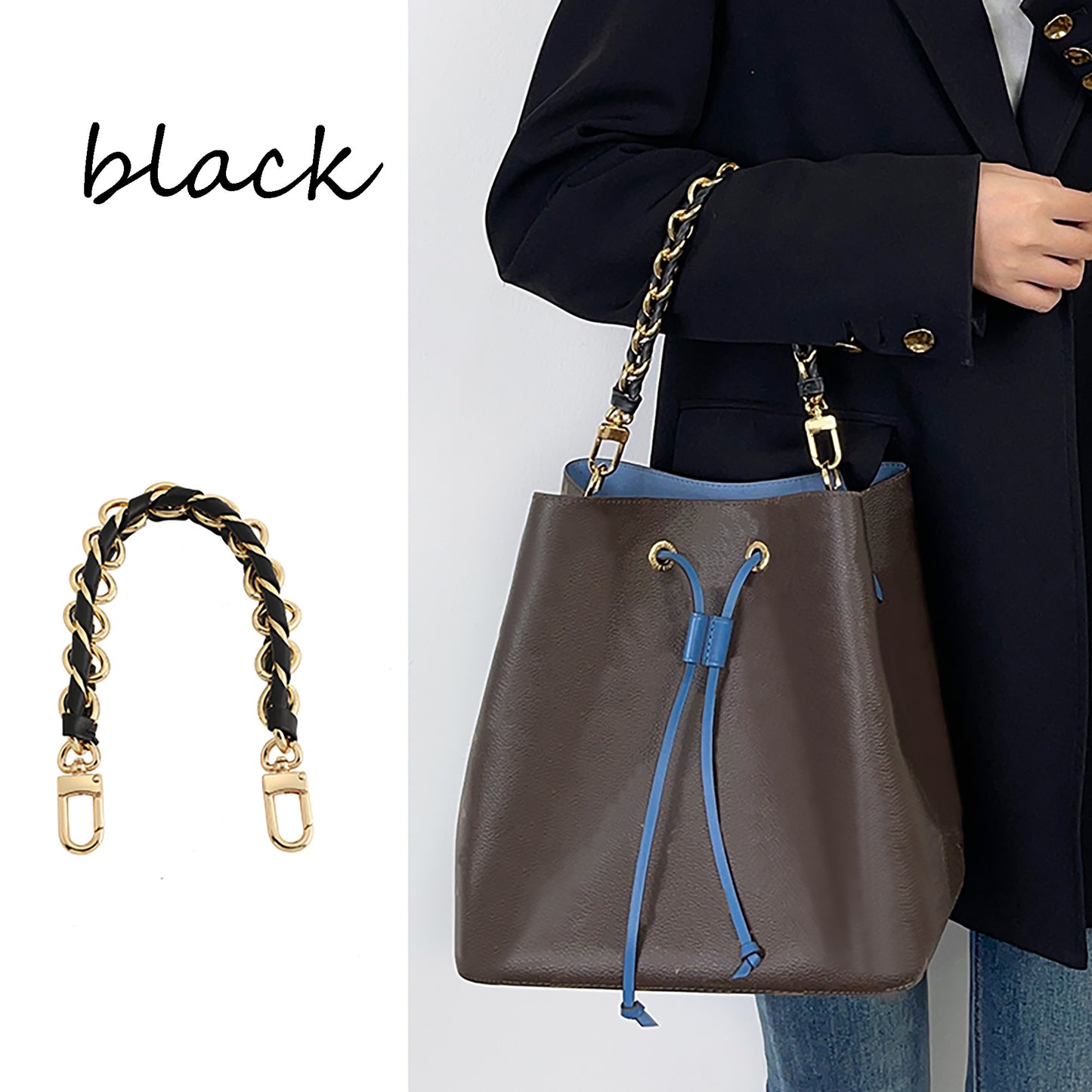 The NéoNoé bucket bag handbag strap, black genuine leather material underarm shoulder strap, and metal material fashionable underarm shoulder strap.