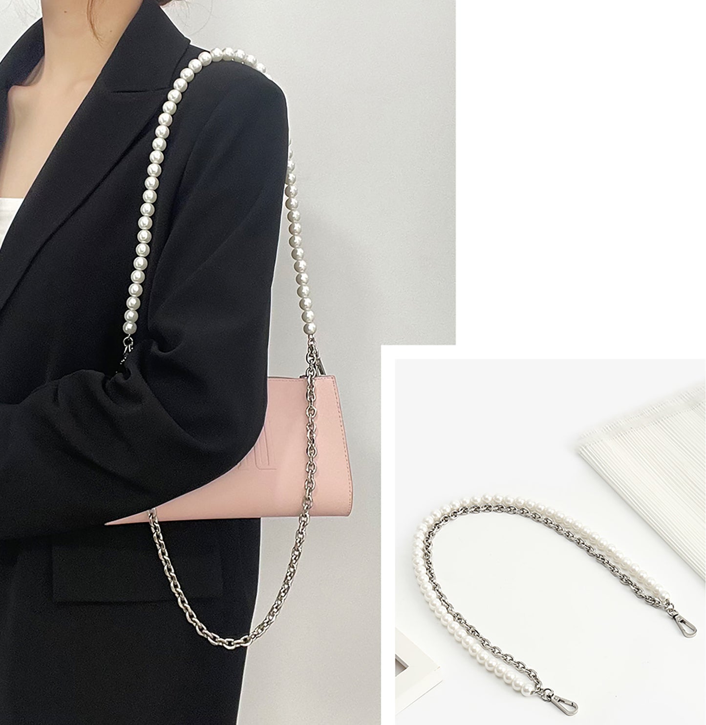 Makeup bag pearl chain accessory, short underarm chain for bag modification, metal bag chain.