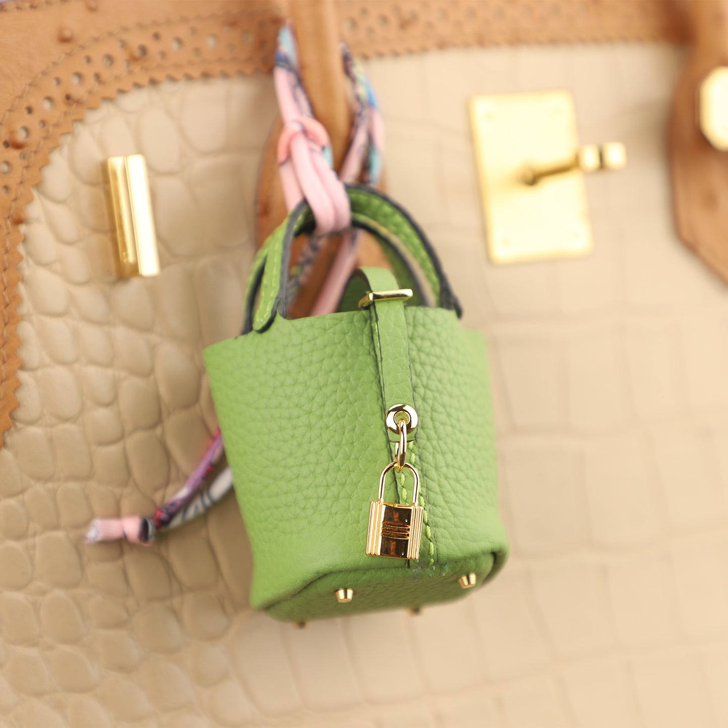 Mini Picotin Bag Pendant,Handmade The Picotin Lock Bag Charm,Leather bag pendant,Handmade DIY Design Bag Pendant