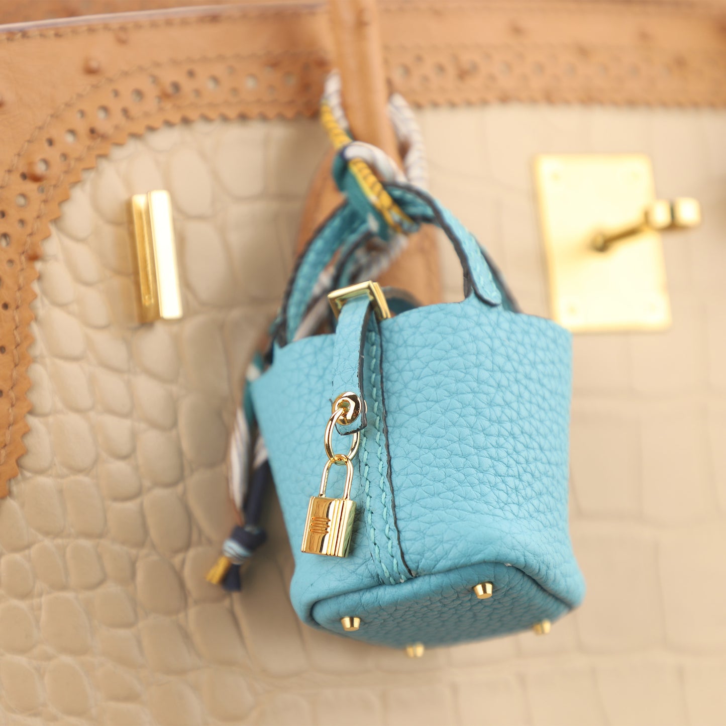 Mini Picotin Bag Pendant,Handmade The Picotin Lock Bag Charm,Leather bag pendant,Handmade DIY Design Bag Pendant