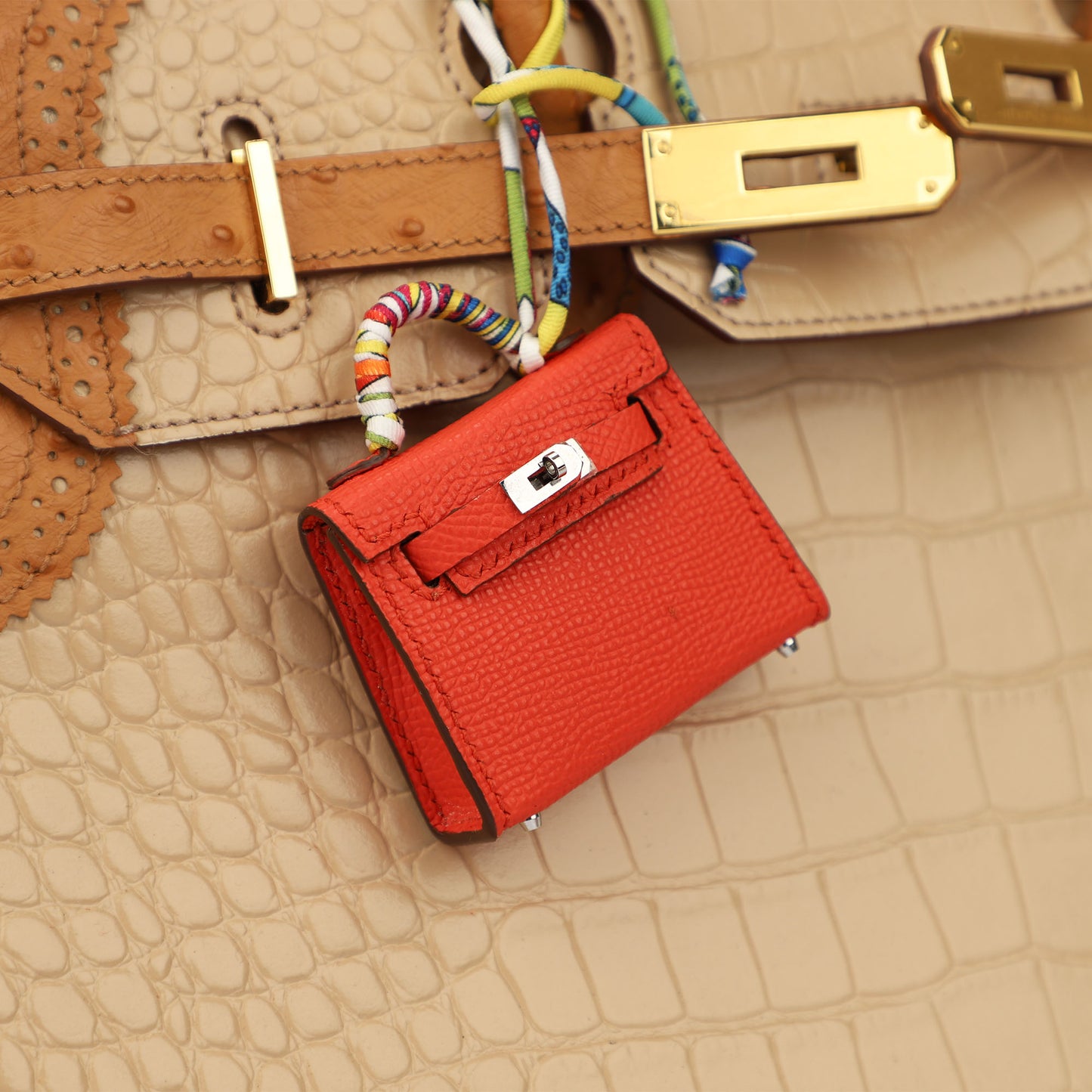 Capucines Tadelakt Micro Mini Kelly Twilly Charm Silver Hardware Leather charm for bag