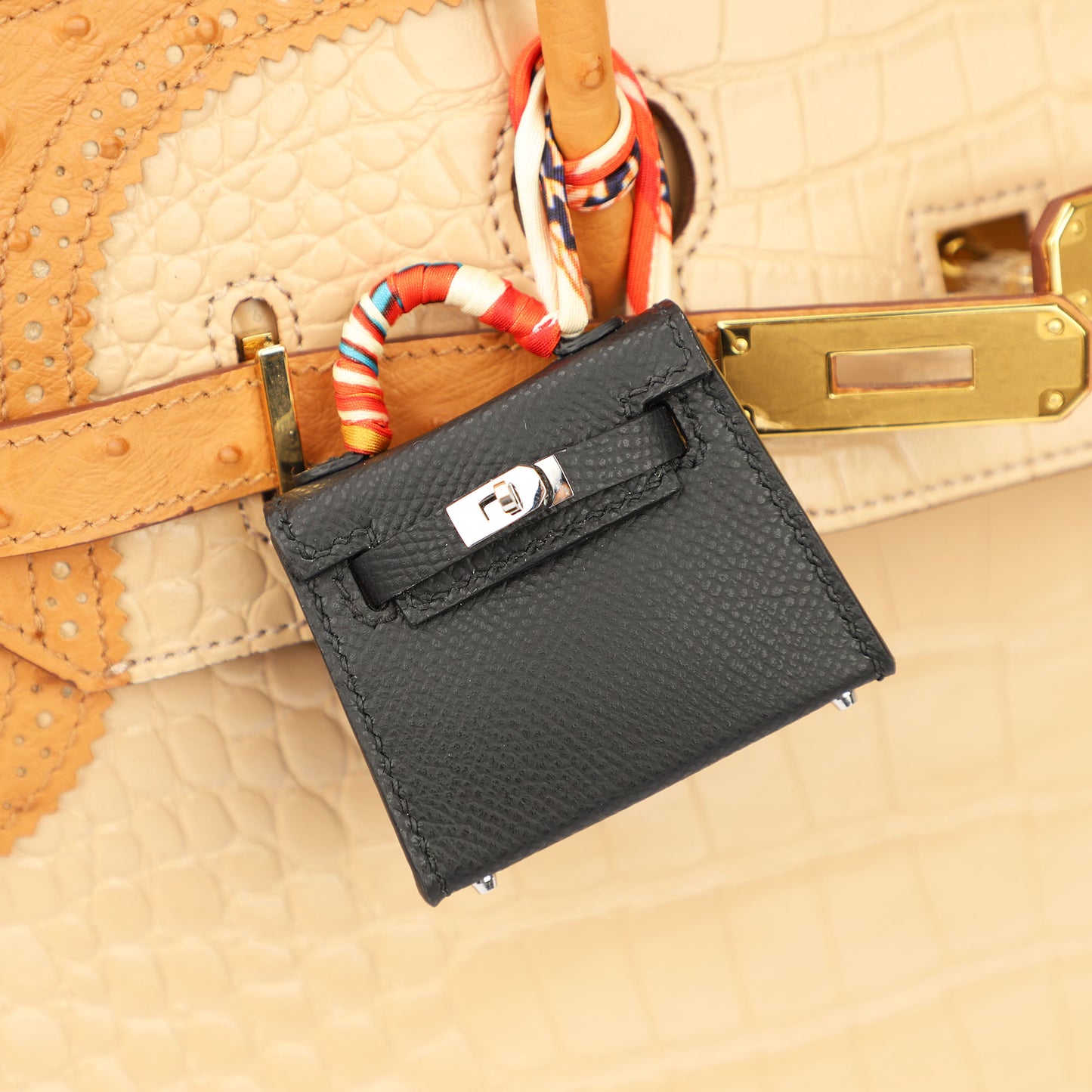 Capucines Tadelakt Micro Mini Kelly Twilly Charm Silver Hardware Leather charm for bag