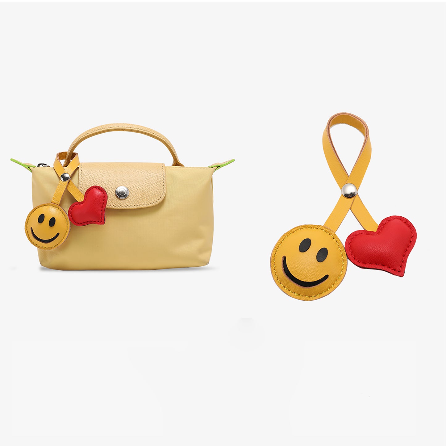 The Pliage Energy Bag Charm, genuine leather bag charm, smiley face style bag accessory,Yellow keychain