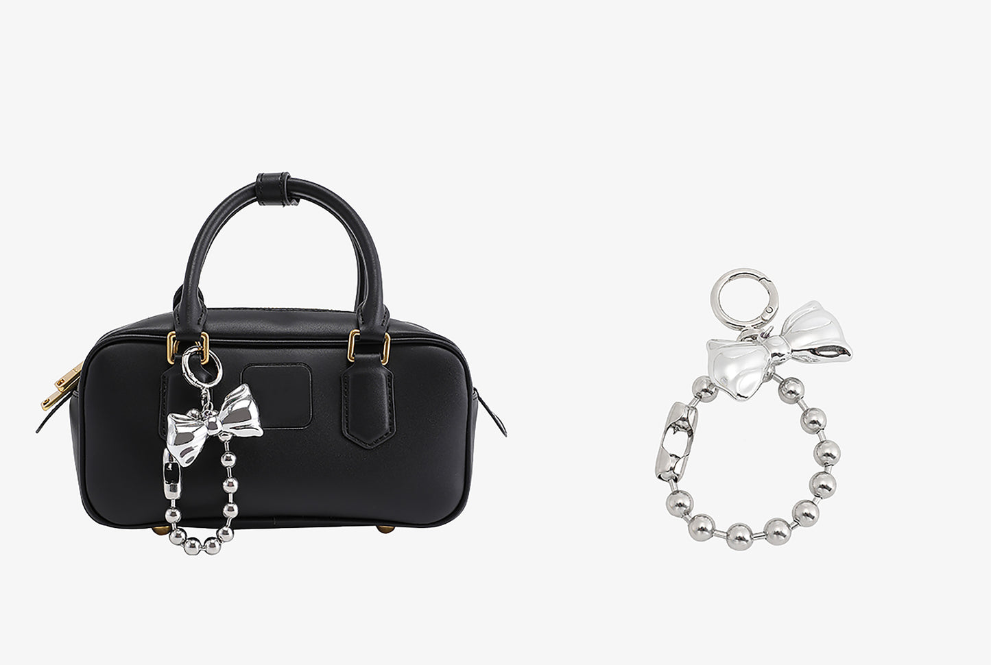 Arcadie leather bag charm, silver bow bag decoration, metal heart-shaped bead keychain