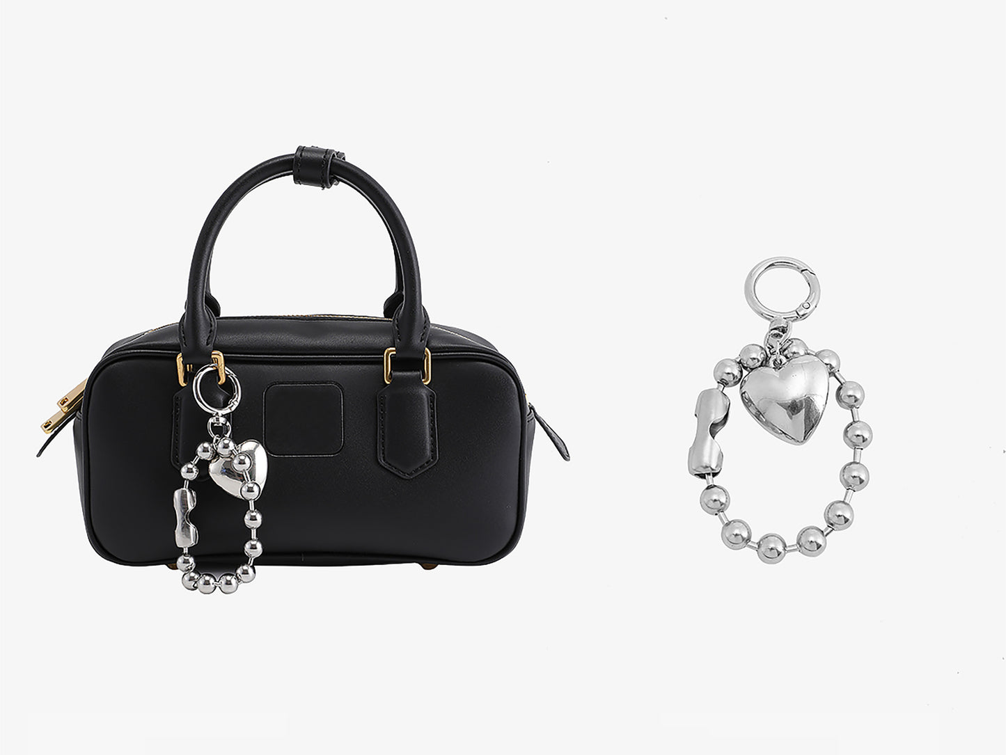 Arcadie leather bag charm, silver bow bag decoration, metal heart-shaped bead keychain