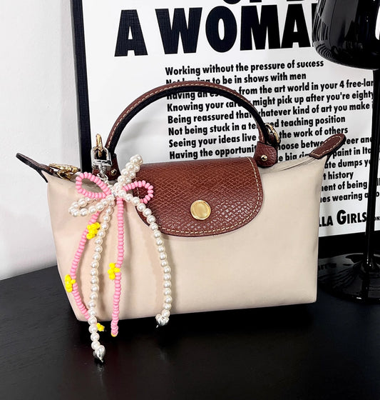 Pearl accessory for The Pliage Energy bag, fashion bow-style charm, handmade keychain.