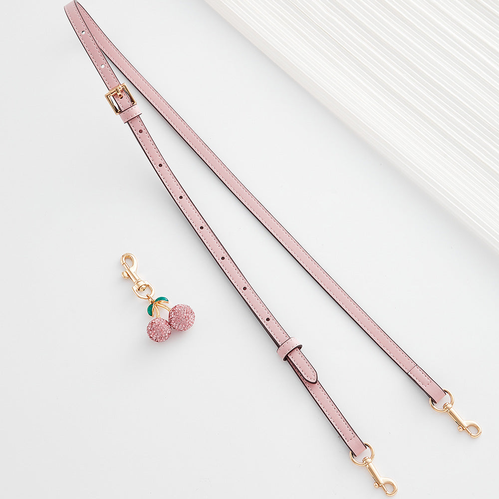 Pink Genuine Leather Adjustable Crossbody Strap & Diamond-Encrusted Fruit Charm – Bag Transformation Accessories for Women, Customizable Replacement Strap and Decorative Keychain