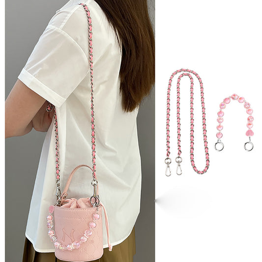 Handcrafted Pink Leather Chain Strap & 33cm Heart Candy Bead Decoration Chain - 1.6cm Beads, DIY Small Bucket Bag Transformation Kit