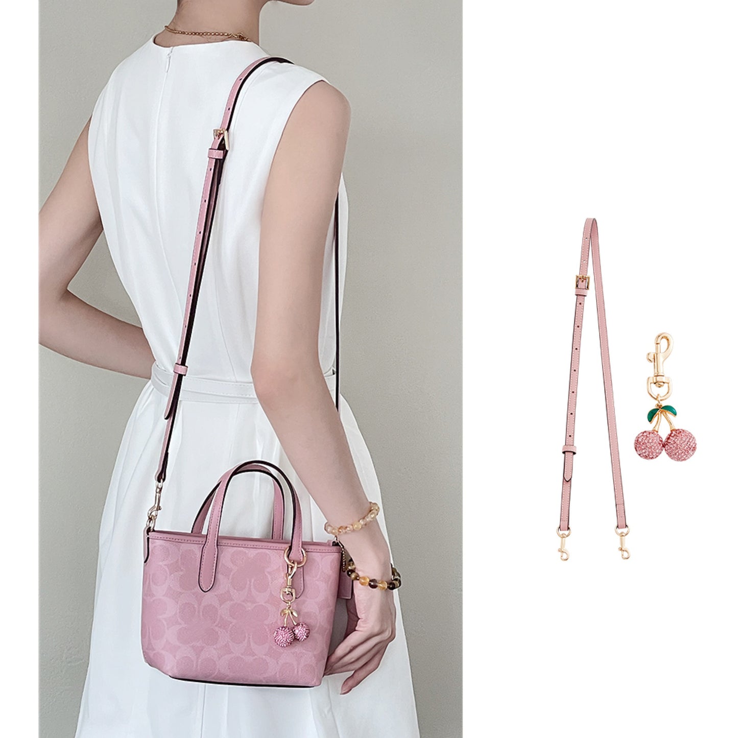 Pink Genuine Leather Adjustable Crossbody Strap & Diamond-Encrusted Fruit Charm – Bag Transformation Accessories for Women, Customizable Replacement Strap and Decorative Keychain