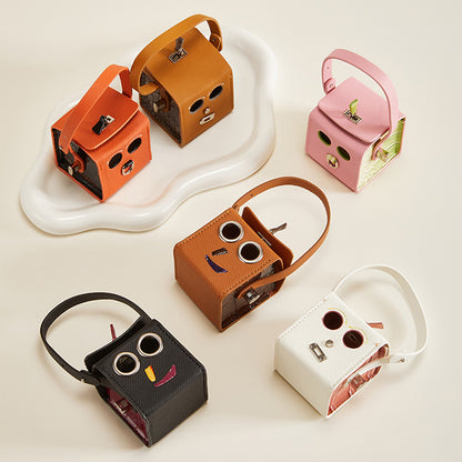 Handmade Robot Shaped Leather Keychain - Mini Fun Earphone Case Charm, Cute Leather Key Fob