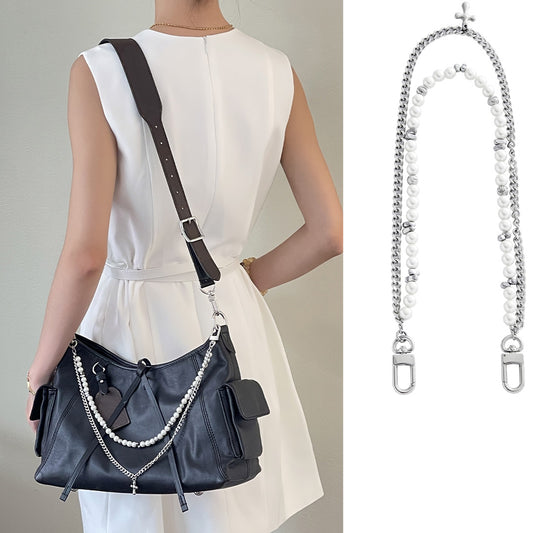 Handcrafted Pearl & Metal Chain Decoration for Carryall Black Warrior Bag - High-Quality, Stylish Transformation Accessory