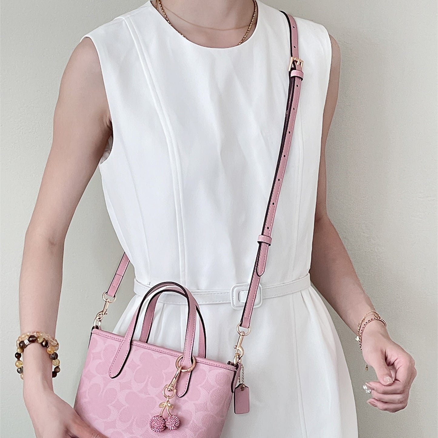 Pink Genuine Leather Adjustable Crossbody Strap & Diamond-Encrusted Fruit Charm – Bag Transformation Accessories for Women, Customizable Replacement Strap and Decorative Keychain