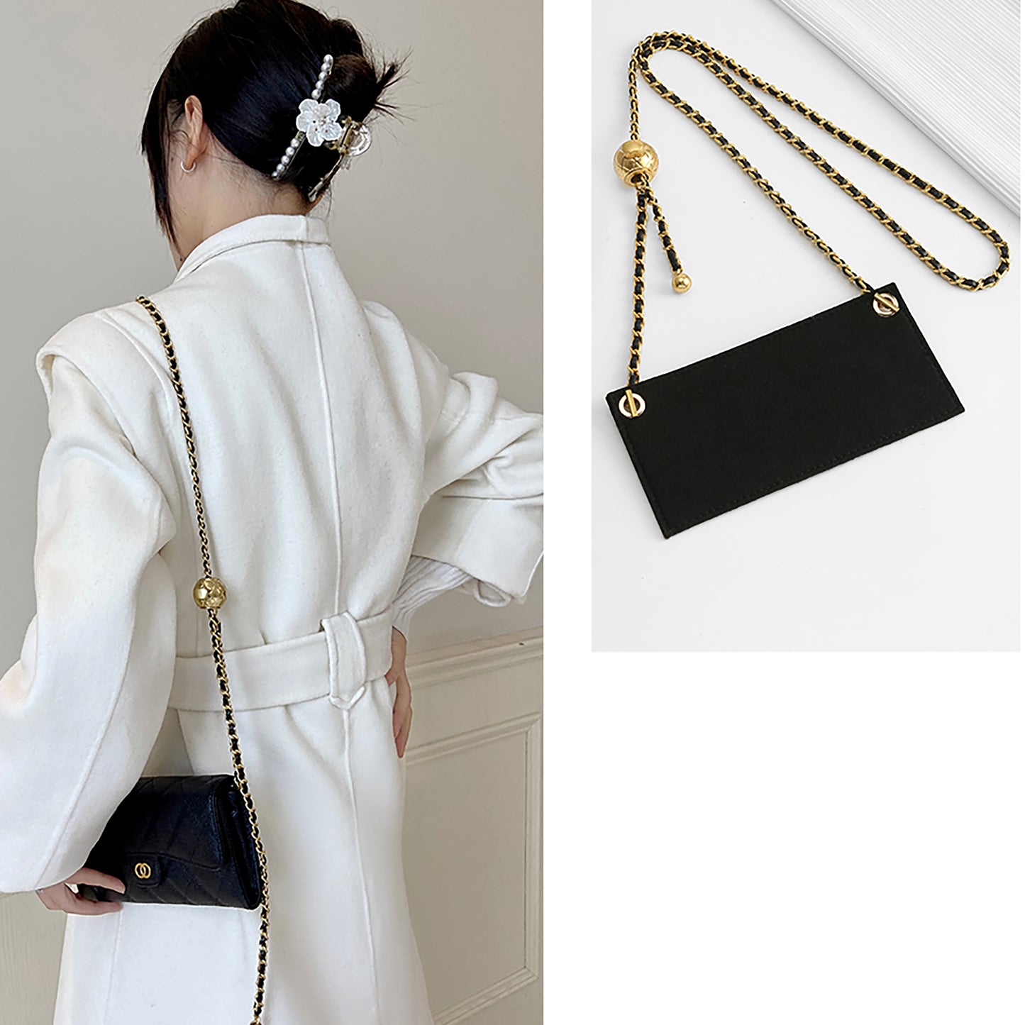 The Reorders series long wallet transformation shoulder strap, felt lining, adjustable length leather shoulder strap