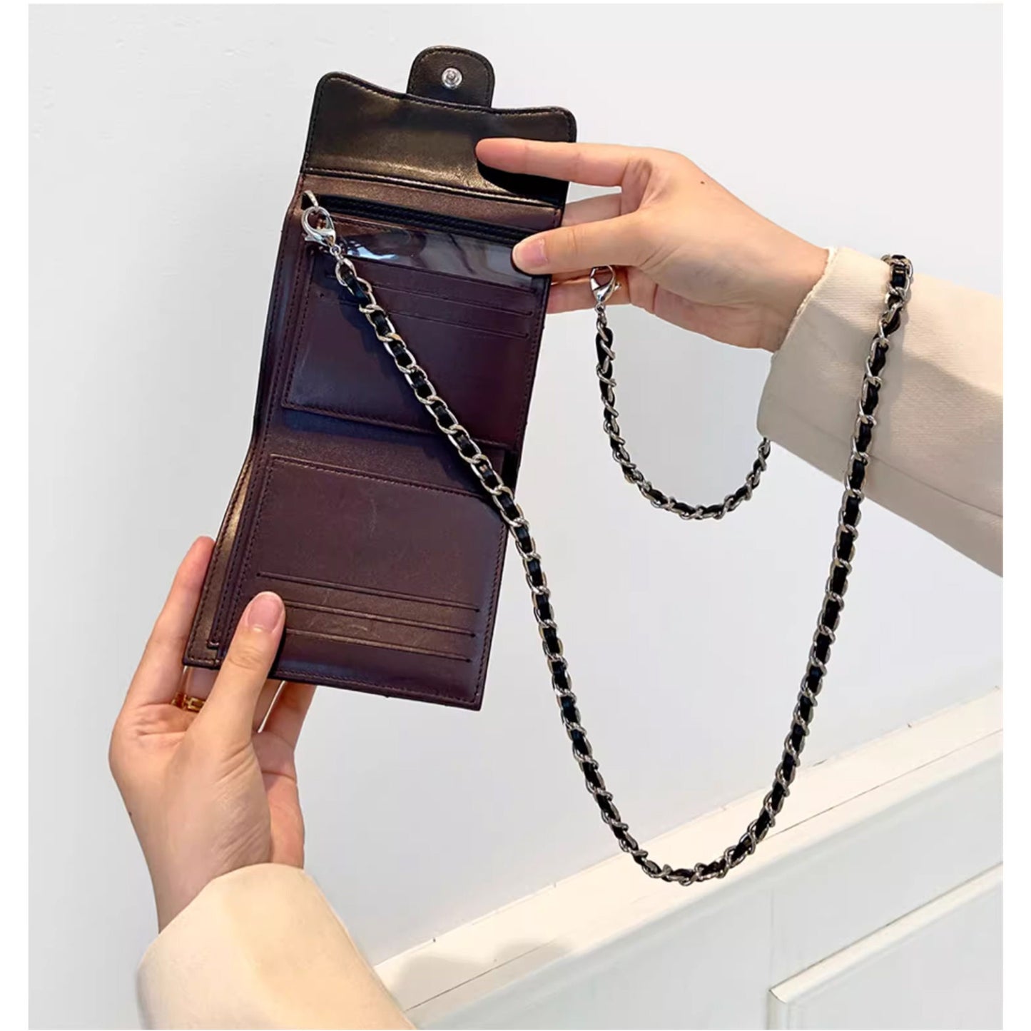 Handmade Three Fold wallet transform DIY chain strap bag Single shoulder crossbody bag with transparent liner single accessories